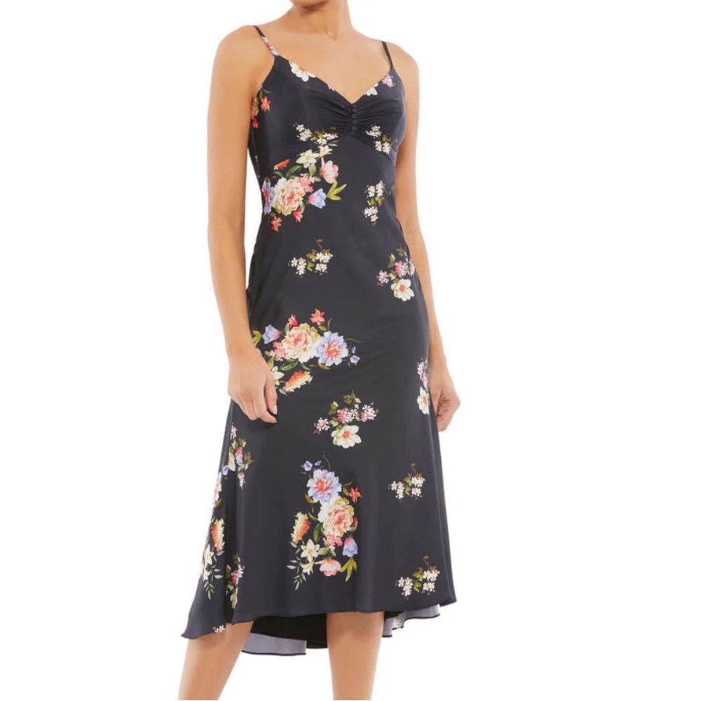 NWT Mac Duggal Sz 2 Black Floral Midi Dress 70182